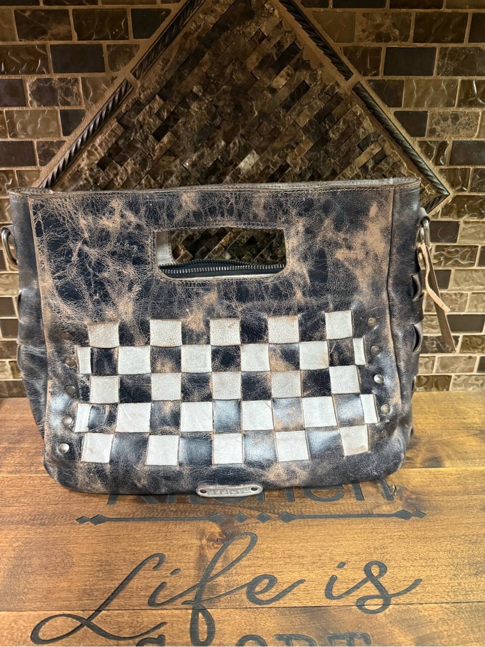 NWT BED|STU Orchid Crossbody Bag - Distressed Black & Cream Checkerboard